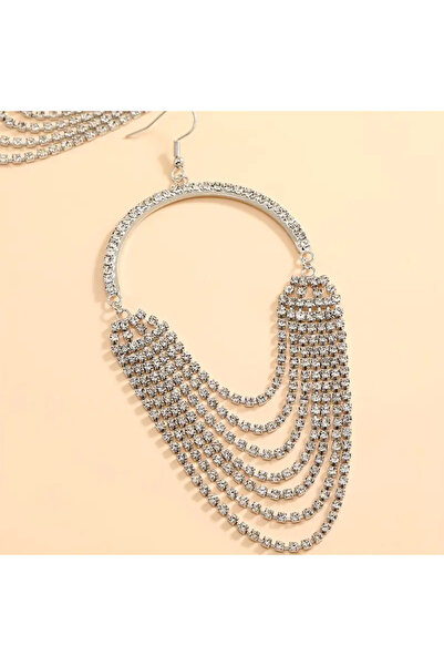 Estilo Lingerie Large Size Serenay Model Silver Color Zircon Stone Long Fringe Earrings Evening Earrings