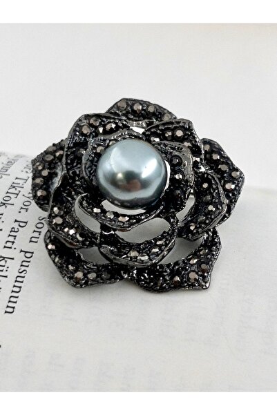 Siya Silver Zirkon Taşlı Siyah İncili Siyah Gül