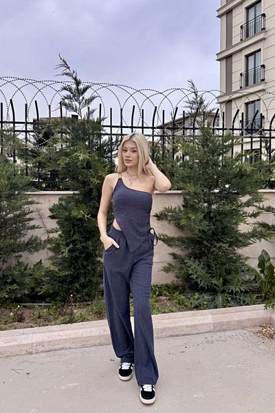 MOZENA Asymmetrical Double Suit with Shoulder Accessory Detail