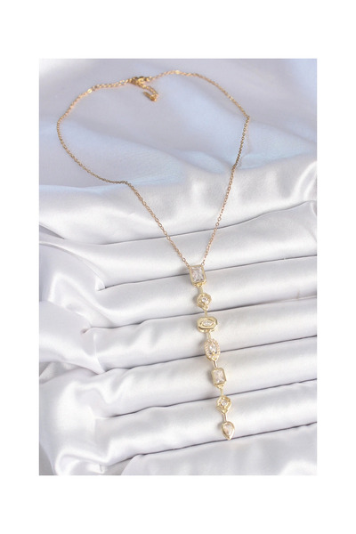 İnDerin قلادة على شكل حرف Y من الفولاذ بتصميم حجر الباجيت باللون الذهبي