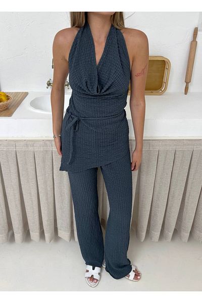 MODA Bubble Fabric Asymmetrical Cut V Neck Pants Blouse Suit
