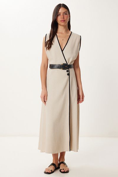 Lovelyİstanbul Wrap Collar Belted Midi Linen Dress Cream Lwf0038