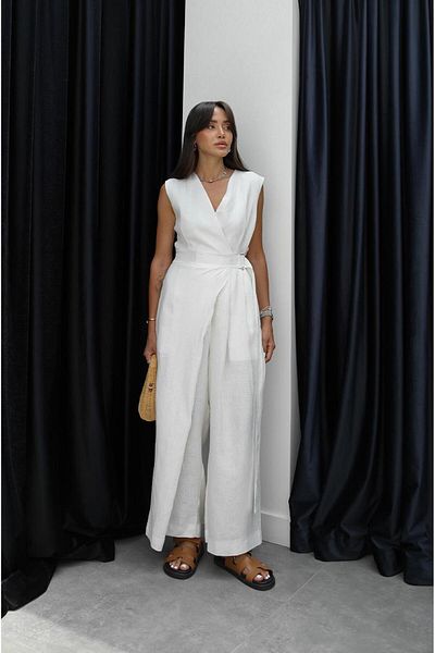Havoş Ecru Belt Detailed 100% Linen Jumpsuit
