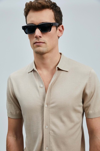 Lufian 111090132 Hector Erkek Modal Karışımlı Kazak Gömlek Erkek Gömlek BEJ