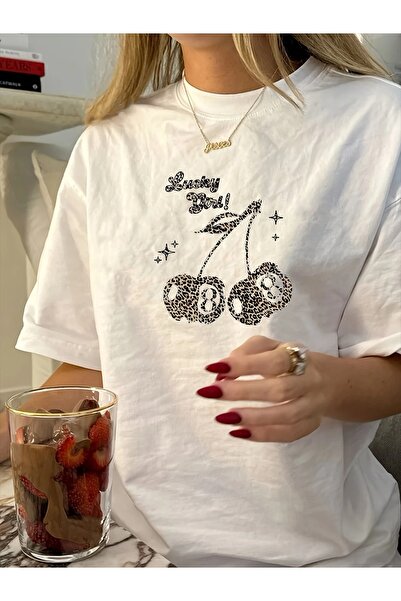 KEALVİ Lucky Gırl Baskılı Beyaz Kadın T-shırt -- Bisiklet Yaka Oversize
