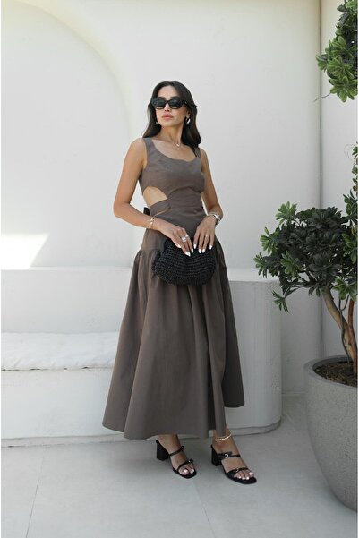 Havoş Brown Back Tie Low-Cut Dress