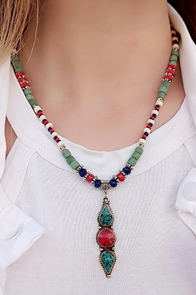 Fildişi Aksesuar Green - Red Pendant End Ethnic Design Handmade Women's Necklace (45 cm)