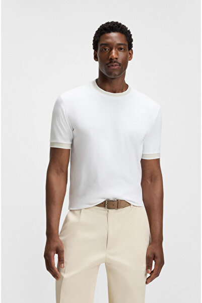 BOSS Erkek Bisiklet Renk Detaylı Yaka Dar Kesim Kısa kol Beyaz T-Shirt 505438...