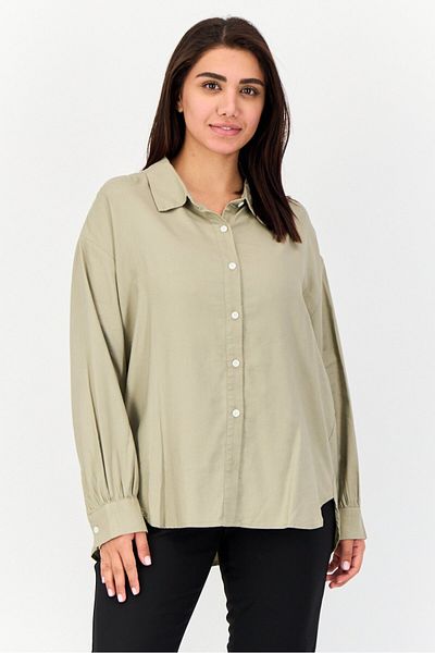 Giordano Women Spread Neck Long Sleeves Plain Shirt, Light Grey
