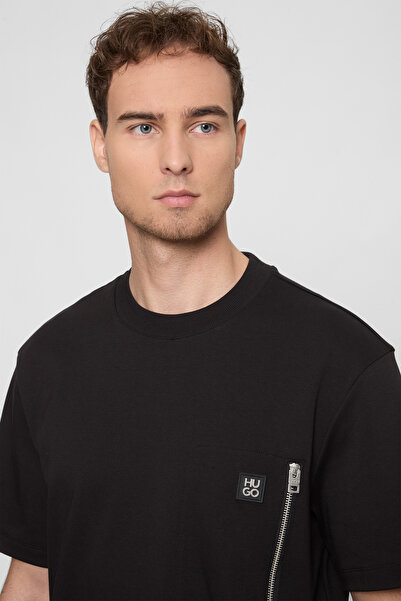 HUGO Men's Comfortable Fit Zipper Pocket Detailed Interlock Cotton Round Neck Short Sleeve Black T-Shirt 50