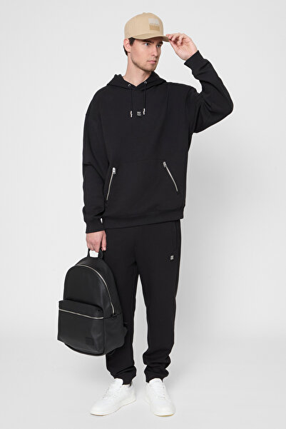 HUGO Men's Comfortable Fit Hooded Collar Logo Embossed Long Sleeve Black Sweatshirt 50542583-001