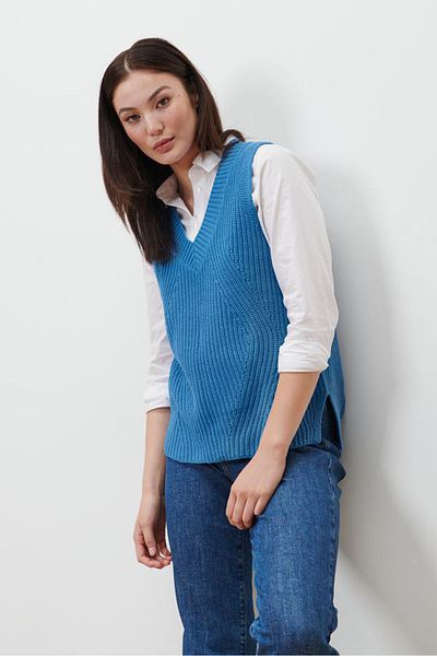 Tchibo Women Regular Fit Textured Sleeveless Sweater Vest, Blue