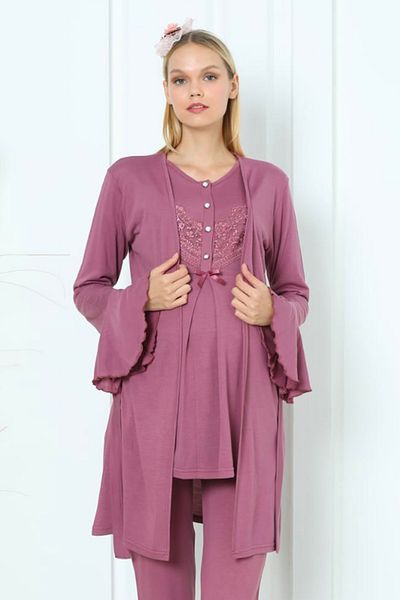 quilling Cherry Color Lace Detailed Erdeniz 3391 Maternity Pajama Set with Morning Dress