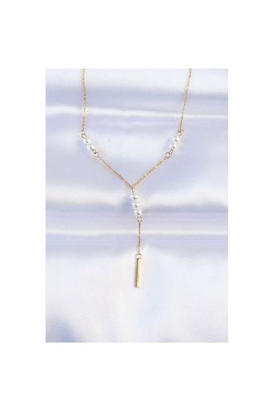 Skygo 316L Steel Chain Gold Color Minimal Pearl Rhinestone Dangle Necklace - Tj-Bko8732