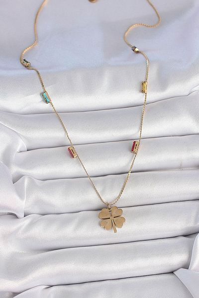 Dazzlecave 316L Stainless Steel Four Leaf Clover Luck Necklace – Colorful Stone Detail