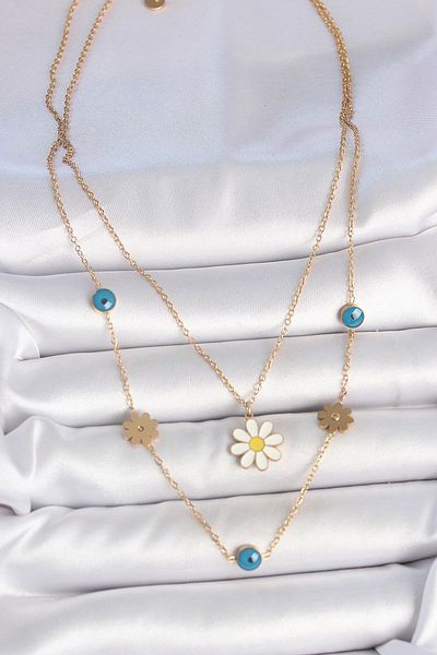 Dazzlecave 316L Stainless Steel Daisy Evil Eye Beaded Necklace – Elegant Double Layer Women's Jewelry Model