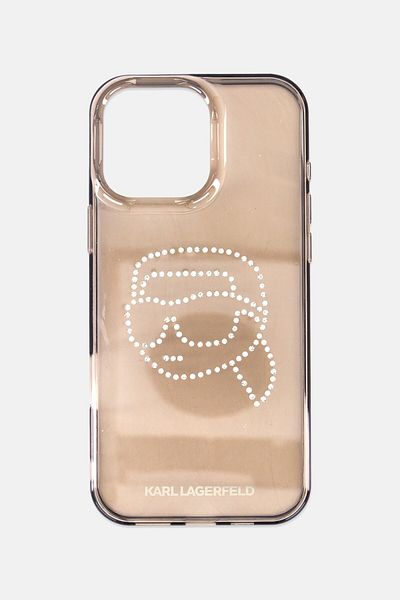 Karl Lagerfeld غلاف هاتف iPhone 16 Pro Max بشعار أحجار الراين، بني