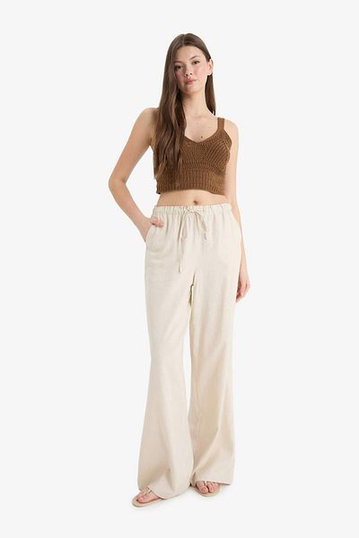 DeFacto Wide Leg Double Pocket Elastic Waist Standard Length Linen Blend Trousers E1981Ax25Sm