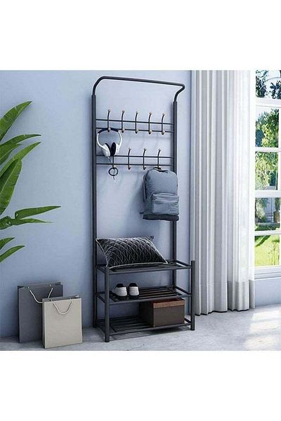 COOYA 3-in-1 Freestanding Coat Rack-with Hooks,3-Tier Shoe Shelf & Hat/Umbrella Holder (Black)