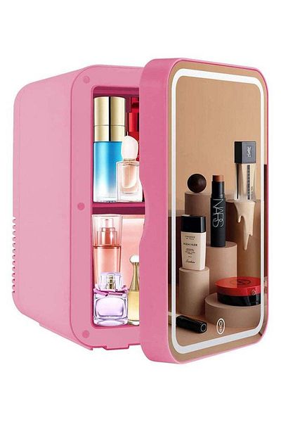 COOYA Portable 8L Mini Makeup Fridge with LED Light Mirror Cosmetic Storage Cooler and Warmer Freezer Pink