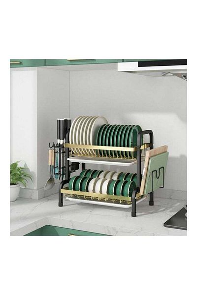 COOYA 2-Tier Kitchen Supplies Storage Rack Black/Gold 57.5x23.5x39cm