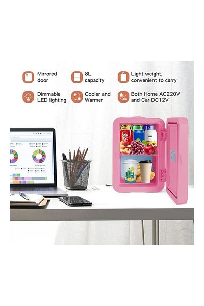 COOYA Portable 8L Mini Makeup Fridge with LED Light Mirror Cosmetic Storage Cooler and Warmer Freezer Pink