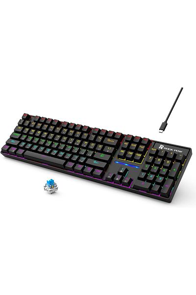 ROCK POW Gaming Keyboard, Arabic English 104 Key Mechanical Keyboard with RGB Backlit 19 Modes, Wire