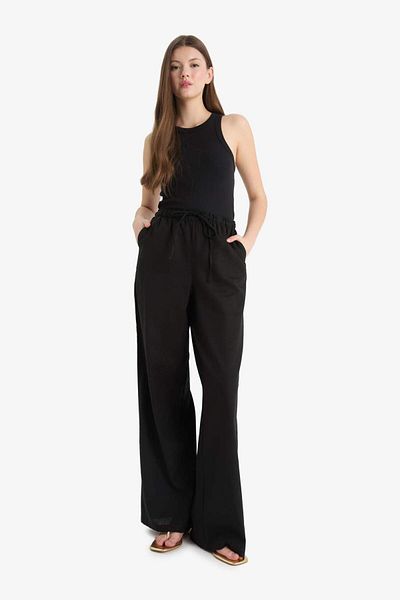 DeFacto Wide Leg Double Pocket Elastic Waist Standard Size Linen Blended Black Trousers E1981Ax25Sm