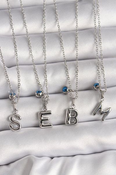 Dazzlecave 316L Stainless Steel Letter Necklace - Letter m Evil Eye Beaded Silver Color Letter Necklaces