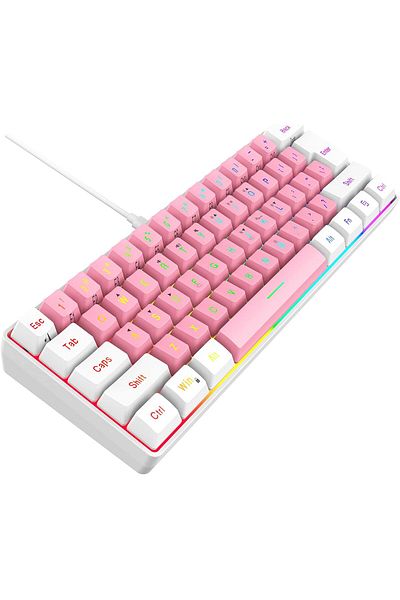 ROCK POW RockPow Wired Keyboard with USB-C, Waterproof, RGB Backlight, White and Pink