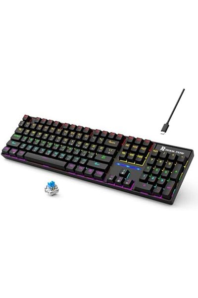 ROCK POW Gaming Keyboard, Arabic English 104 Key Mechanical Keyboard with RGB Backlit 19 Modes, Wire