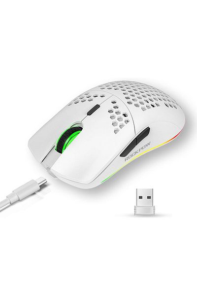 ROCK POW Wireless Gaming Mouse with Honeycomb Lightweight Design, 6 Programmable Buttons, Adjustable DPI, RGB