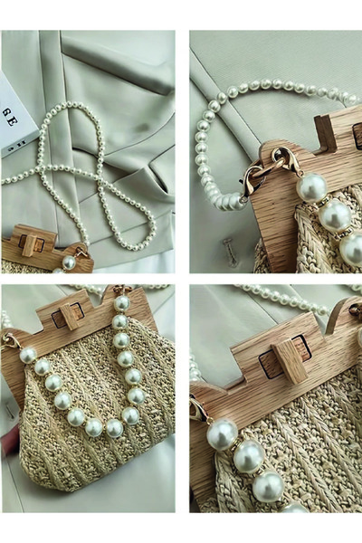 ÇANTA Chic Raffia Tote Women Shoulder Bag Woven Design Straw Bag Pearl Chain Strap Knitting Cream Hand Bag