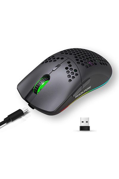 ROCK POW Wireless Gaming Mouse, Honeycomb Ultralight 6 Programmable Buttons Adjustable DPI, RGB Backlight Opt