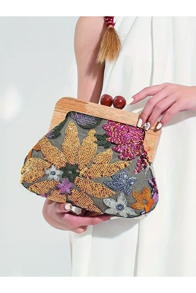 ÇANTA Flower Pattern Lace Belt Hand Bag, Sequin Embroidery, Kiss Lock, Women's Shoulder Bag with Chain Strap