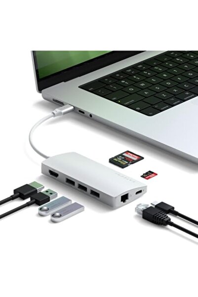 Satechi محول USB C Hub متعدد المنافذ 8 في 1 الإصدار 2 مع HDMI بدقة 4K، وشحن PD بقوة 60 وات، و3 منافذ USB-A، وإيثرنت، وميكروفون