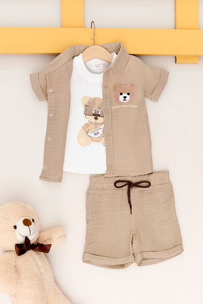 Fulla Moda 100% Cotton Teddy Bear Embroidered Shorts 3 Piece Boy's Suit