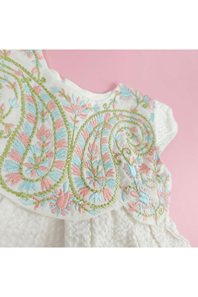 KeeBee Organic Cotton Textured Paisley Embroidered Girls White Dress with Cap Sleeves