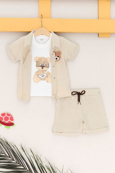 Fulla Moda 100% Cotton Teddy Bear Embroidered Shorts 3 Piece Boy's Suit