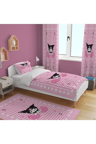 EVSEHOMES Pink Kuromi (Fon Curtain 70X260 Two Wings - Bedding Set - Choose Carpet Size)