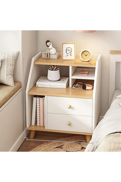Generic Bedside Cabinet, Bedside Tables Multi-Functional Modern Bedside Table with 2 Drawers and Open Shelf