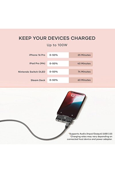 Satechi موزع USB C للهواتف المحمولة، مع HDMI بدقة 4K، وشحن سريع بقوة 100 وات، ونقل بيانات بسرعة 10 جيجابت في الثانية، ومنفذ أودي 3.5 مم