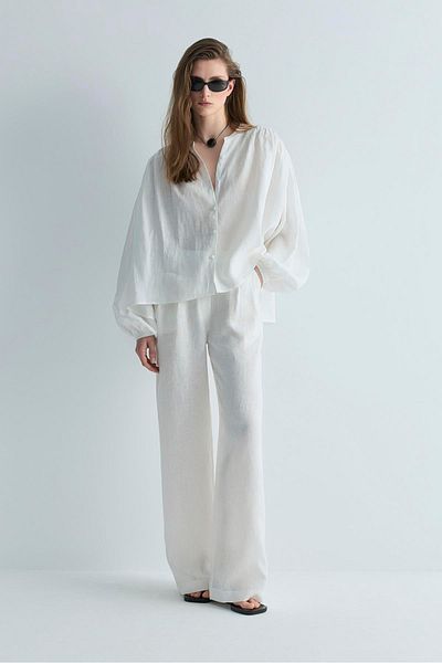 Suud Collection White 100% Linen Nour Drawstring Shirt