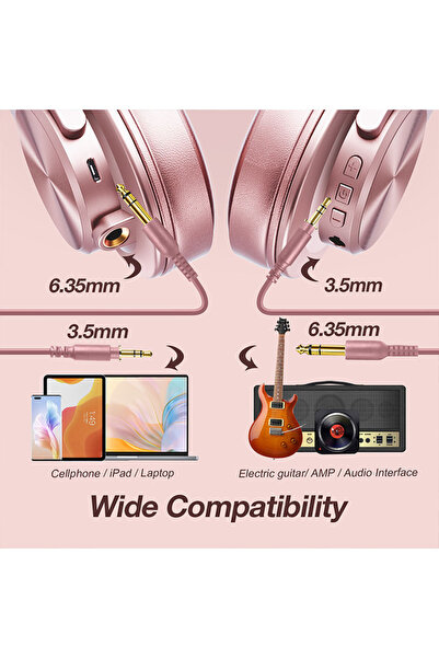 Oneodio سماعات رأس A70 بلوتوث فوق الأذن، سماعات رأس لاسلكية مع وقت تشغيل يصل إلى 72 ساعة، عالية الدقة، 3.5 مم/6.35 مم، وردي