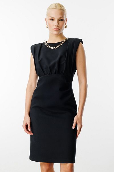 Ekol Midi Length Dress with Chain Accessories on the Collar