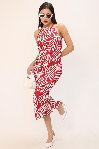 MILANOFOX Burgundy Halter Neckline Wrap Pattern Summer Midi Dress – for Vacation, Sightseeing, Casual and Beach Chic