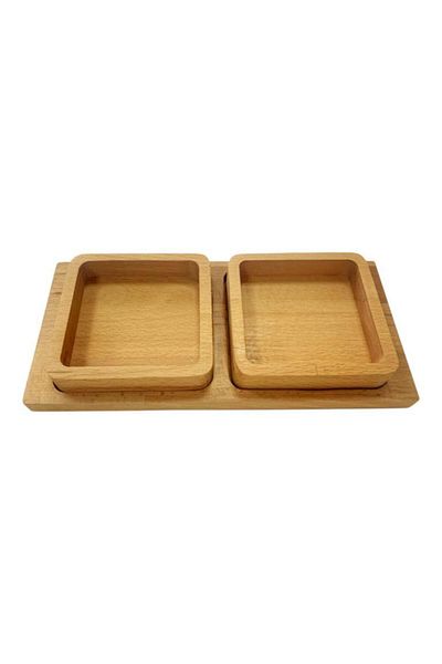 Saban Natural Wooden Snack and Breakfast Plate – Presentation Plate with 2 Bowls and Tray T34