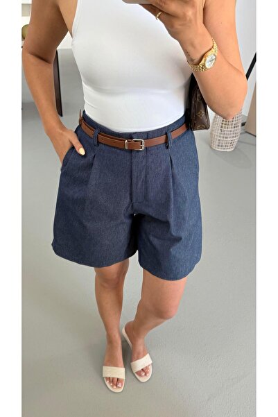 Sezgi Tekin Kemerli Pilise Detay Bel Lastikli Lacivert Denim Şort