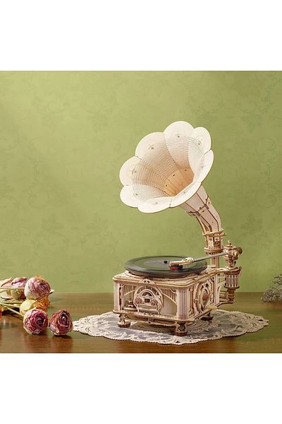 Robotime Classic Hand Crank Gramophone + Electric Mode - 3D Mechanical Wooden Puzzle - 424 Pieces