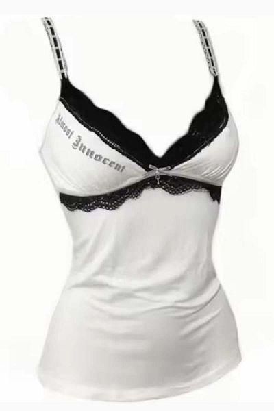 Karakedi White Almost Innocent Black Lace Gothic Y2K Strap Crop